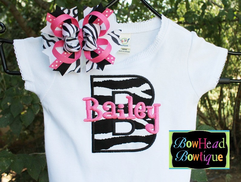 Zebra Print Initial with Hot Pink Personalized Name - White Applique Shirt or Onesie and Matching Hair Bow Set for Girls