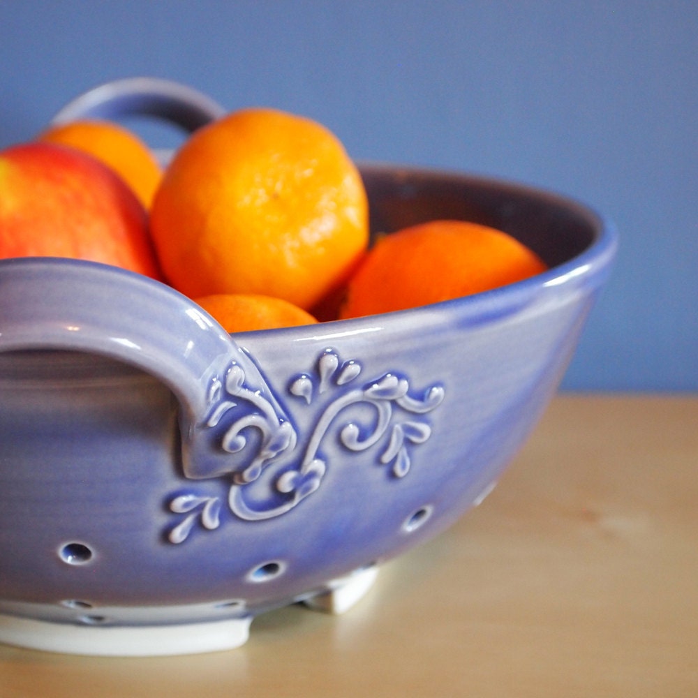 lavender porcelain colander with scrolls