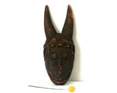 vintage african mask HAND CARVED horned god WOOD collectible / ethnic decor