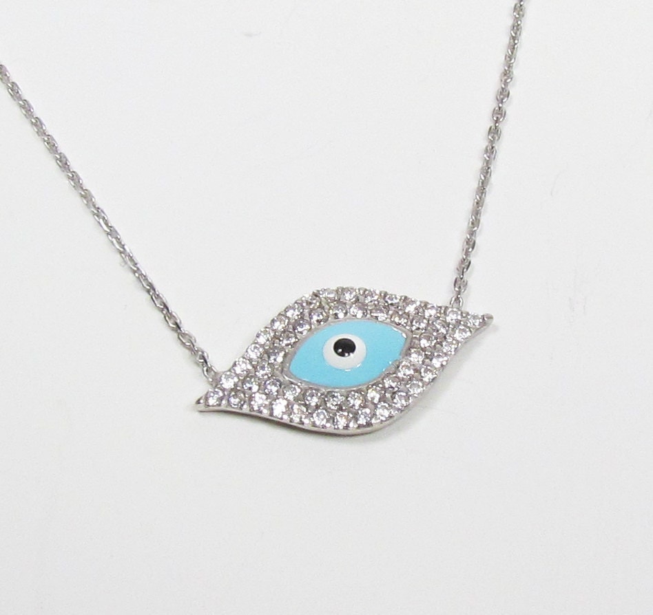 Evil  Necklace on Cz Evil Eye Pendant Turquoise Enamel Sterling By Gemsinvogue