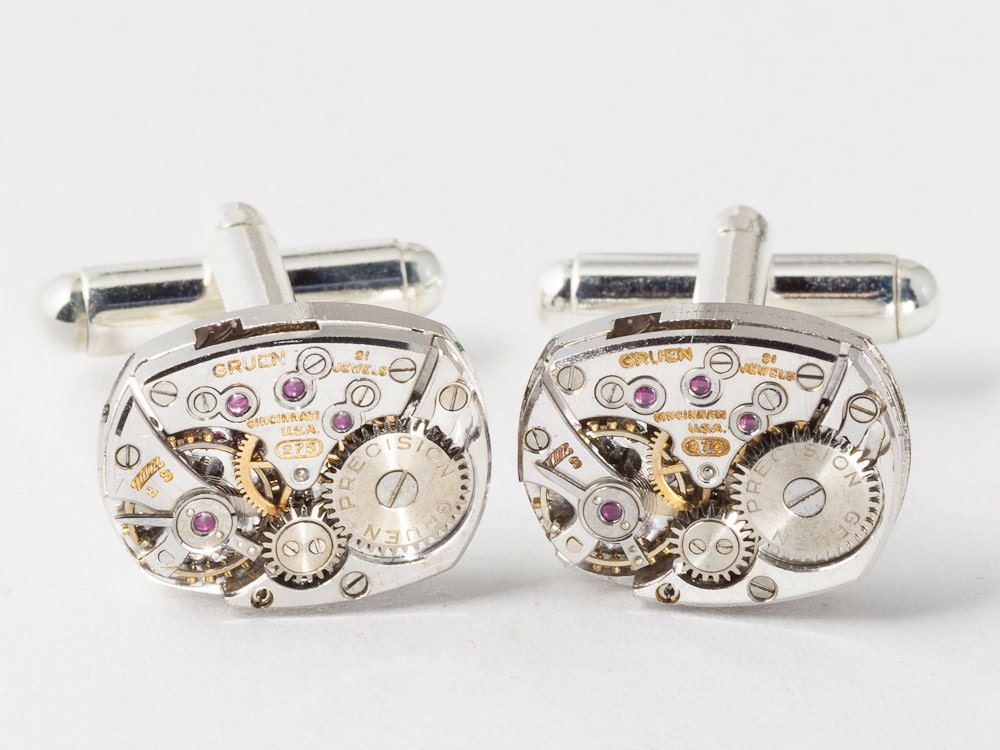 Steampunk cufflinks vinatge rare Gruen watch movements gears wedding anniversary silver cuff links mens jewelry by Steampunk Nation 1907