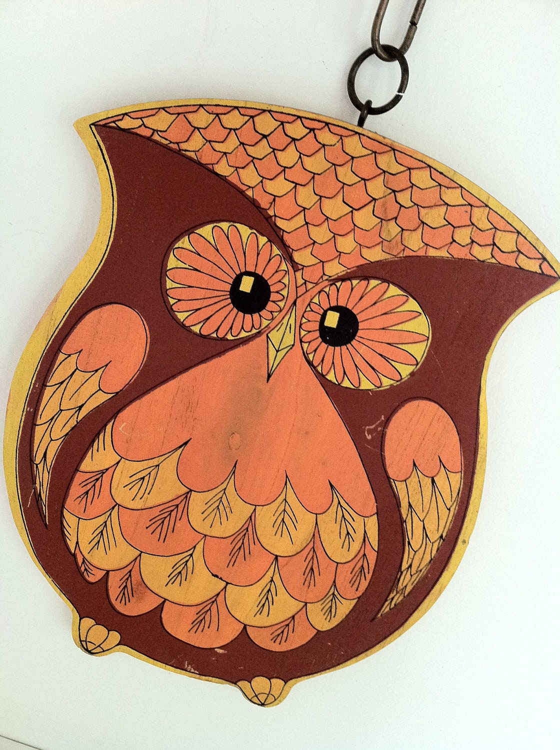 Fabulous kitschy yellow orange wooden owl wall hanging - jtjujubees