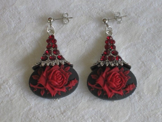 Floral Earrings, Red Earrings, Red, Rose, Silver, Vintage Inspired, OOAK, Earrings, Black Earrings, Flower