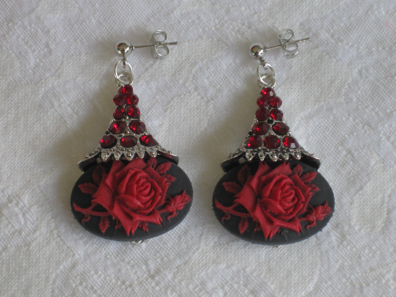 Floral Earrings, Red Earrings, Red, Rose, Silver, Vintage Inspired, OOAK, Earrings, Black Earrings, Flower