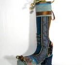Christmas Stocking - Victorian Holiday -Teal Aqua Blue Gold - Whimsical Decor - Decorative Shoe Boot - Brass Turquoise Sparkle - 17X12 inch