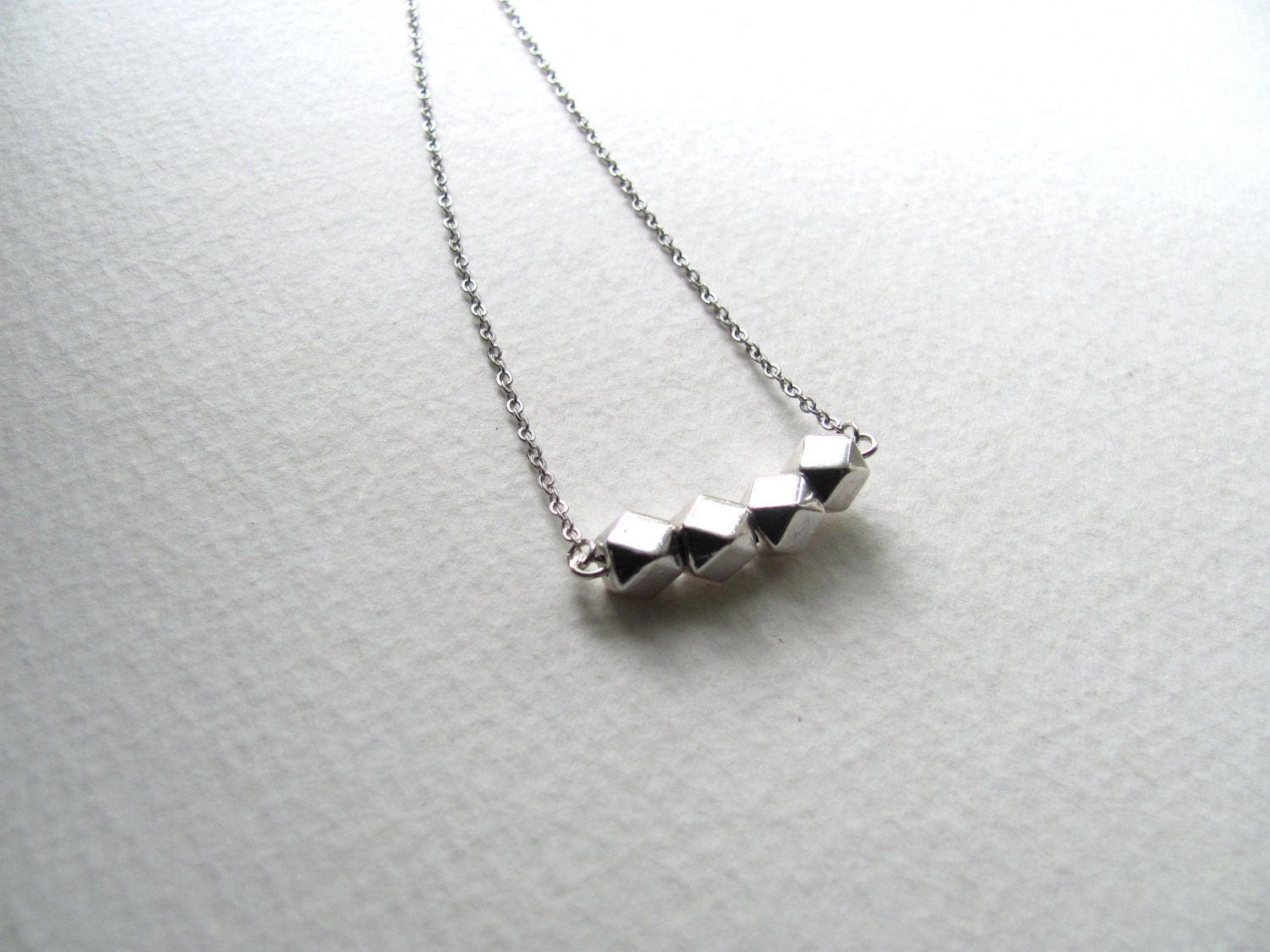 Silver geometric necklace with silver faceted beads, sterling plated, minimalist and modern