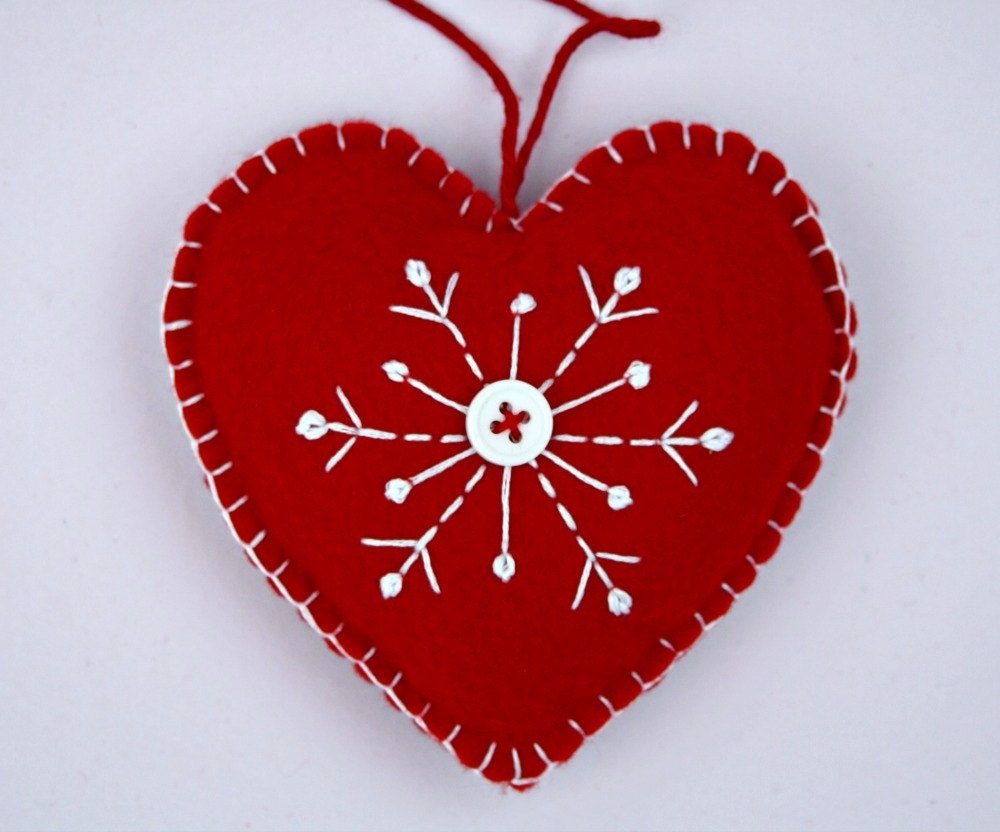 Felt Christmas Ornament, Scandinavian Heart, Embroidered Snowflake.
