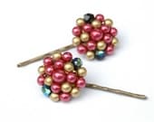 Upcycled Vintage Bright Pink and Soft Gold Beaded Cluster Earring Hair Pins