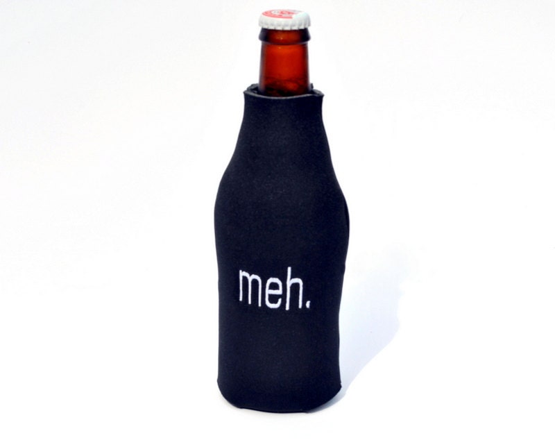 meh Beer Bottle Koozie Black Neoprene Zipper Back