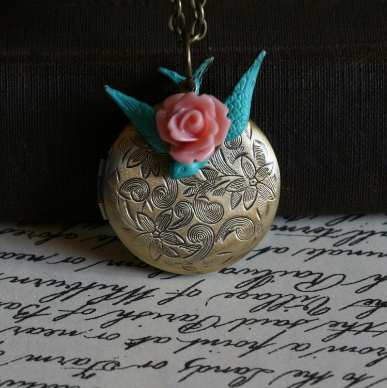 Locket Necklace, Bird Charm, Floral, Antique Gold Flower Locket, Pink , Round Locket, Vintage Style Locket - Romance