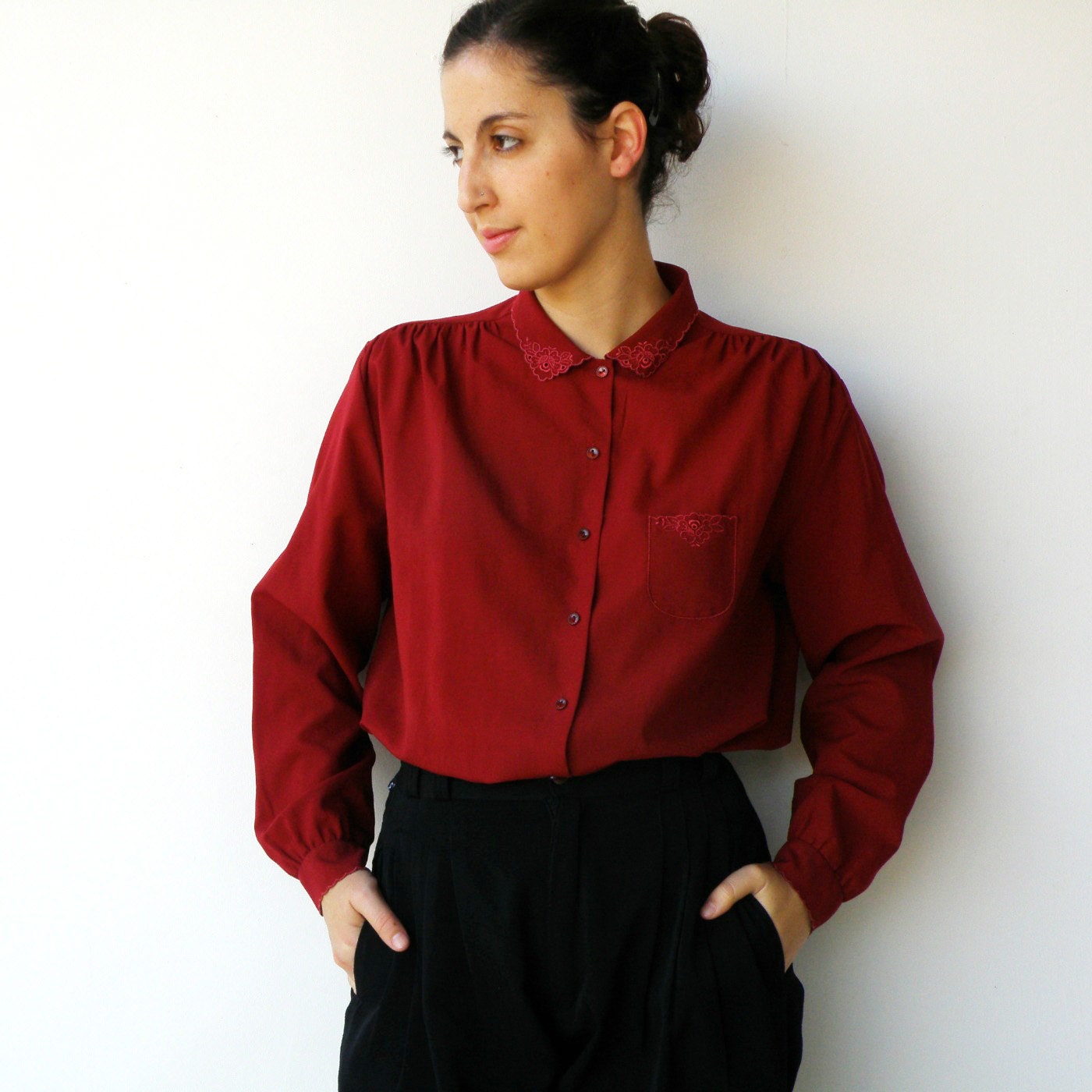 Vintage Semi Sheer Oxblood Floral Embroidered Blouse