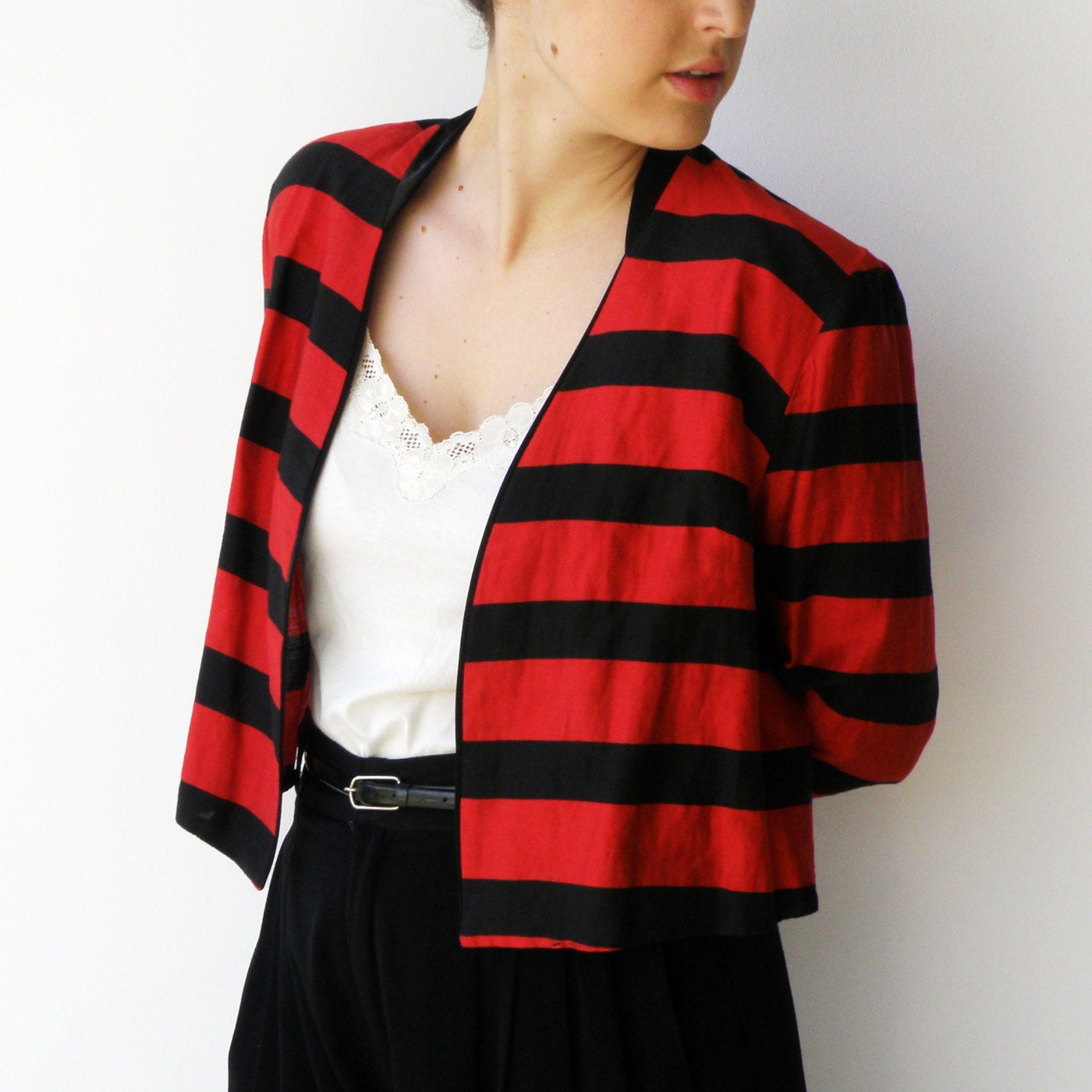 Vintage 1980s Cropped Scarlet and Black Striped Jacket