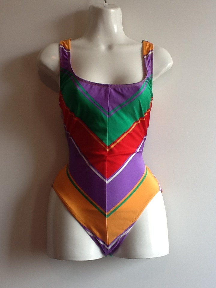 vintage  deadstock 1980's C O L O R S chevron swimsuit, size m - l