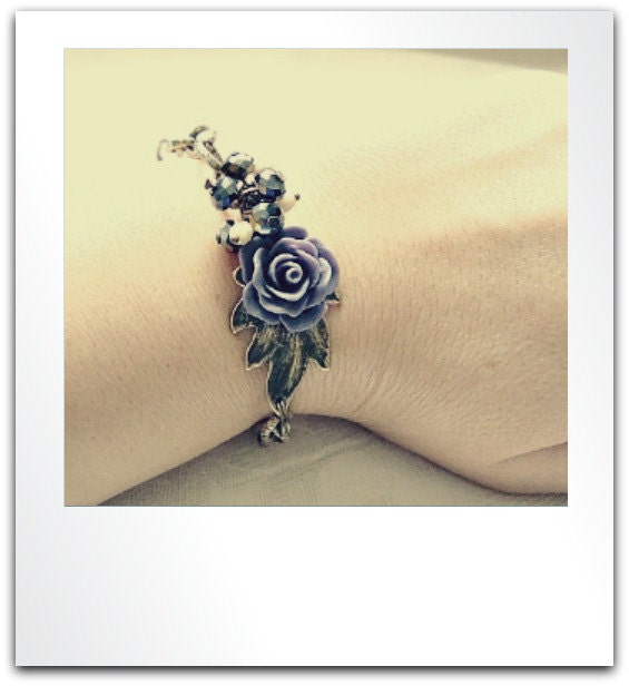 Purple Resin Rose and Antique Bronze Leaf Bracelet