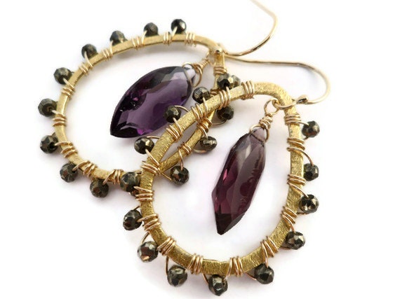 Amethyst and Pyrite Teardrop Earrings