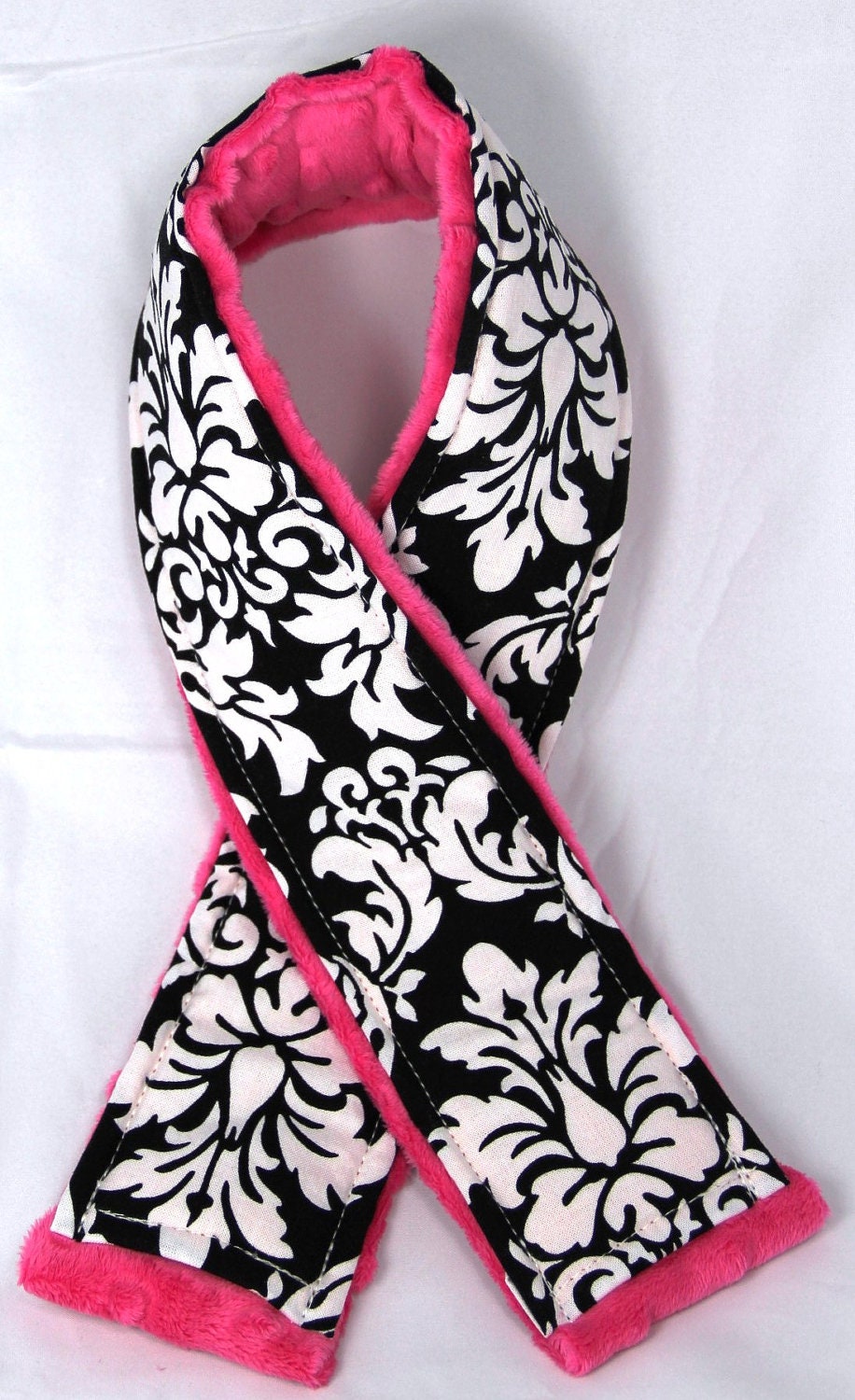 Camera Strap Cover- Michael Miller Dandy Damask Black White Fuchsia Pink Minky