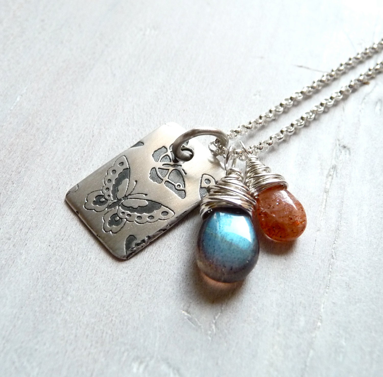 Butterfly Necklace, Labradorite and Sunstone Gemstone Necklace, Sterling Silver Chain Necklace