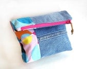 Denim clutch fold over purse, color block recycled jeans pink brights spring fashion