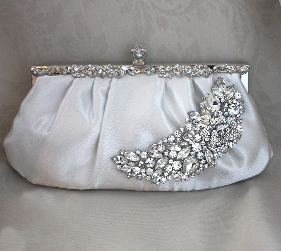 Bridal Clutch -diamond white  satin with Swarovski Crystal brooch -ON sale 30% OFF.