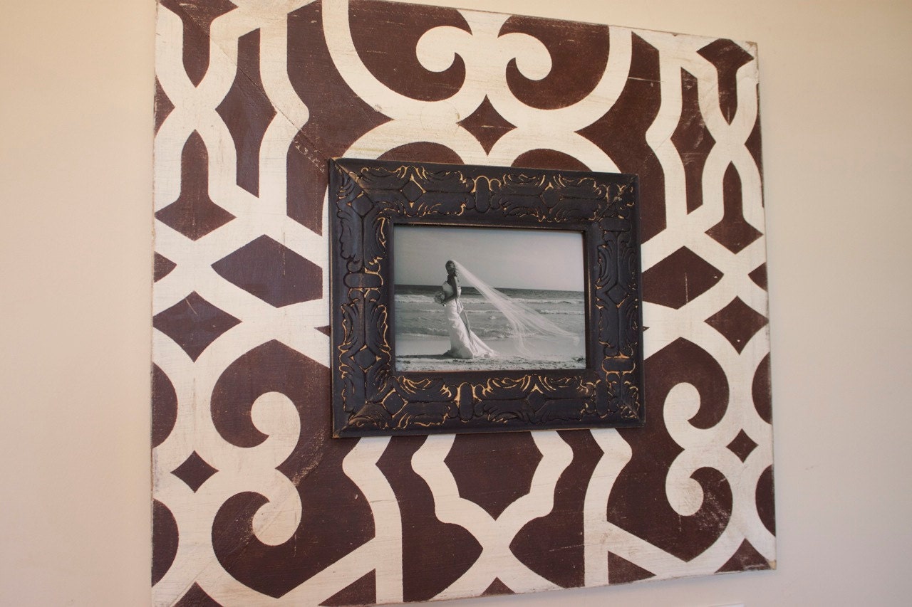 Fretwork Distressed 5x7 Wood Picture Frame with 8" Wood Espresso and Vintage Cream with Black Embossed Trim