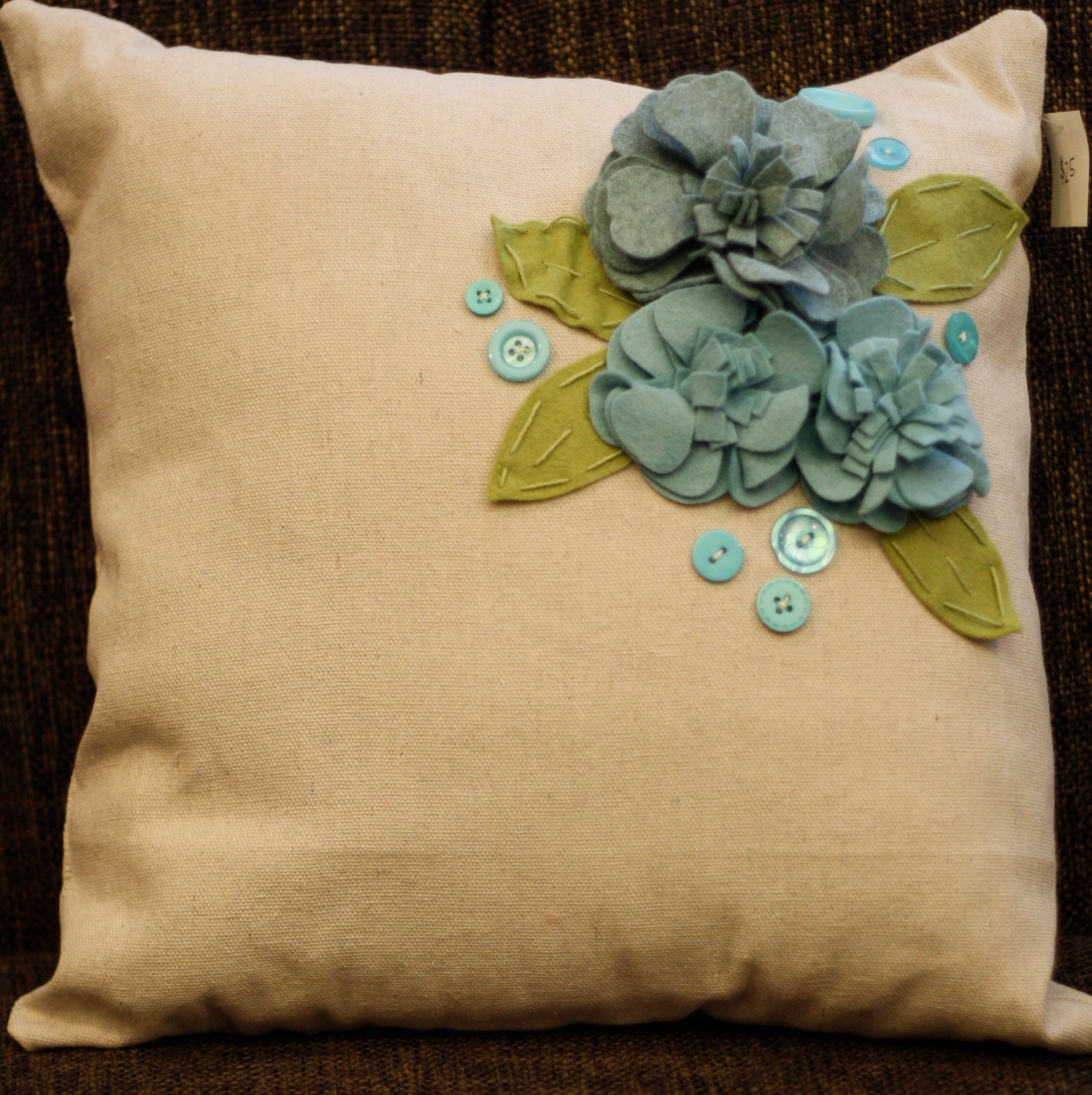 16"x16"  Felt Flower Canvas Pillow in Aqua by Totally Heidi Lynn