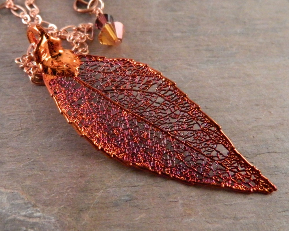 Autumn Leaf Pendant on 20" Chain, Copper Dipped Real Laurel Leaf Necklace