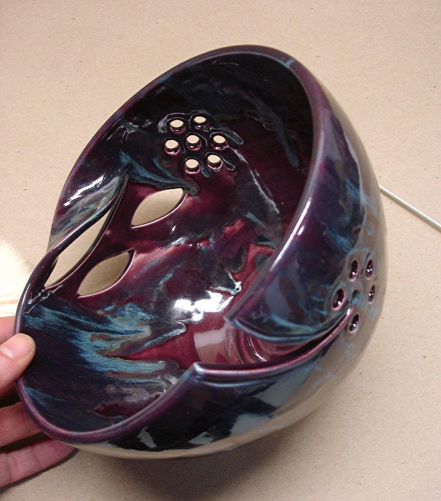 Yarn Bowl LARGE 8" - 9" Purple Lavender Blush & twisted leaves Home Decor Handmade ceramics