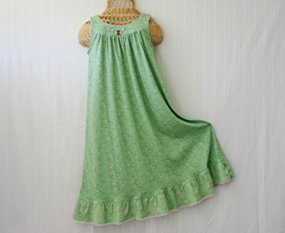 SUMMER NIGHTGOWNS, 100% Cotton Interlock Knit, Girls Sizes 4, 6, 8, 10. Light Green, Lady Bugs, Hearts, Ruffle, Pajamas, Ready to Ship