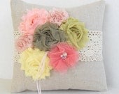 Ring pillow pink, coral green wedding, shabby country wedding, vintage look ring pillow