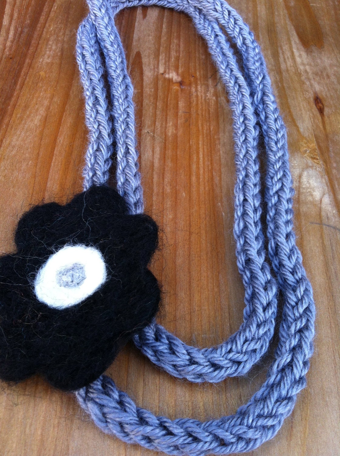 Grey Knitted Scarf Necklace With Black Wool Felt Flower