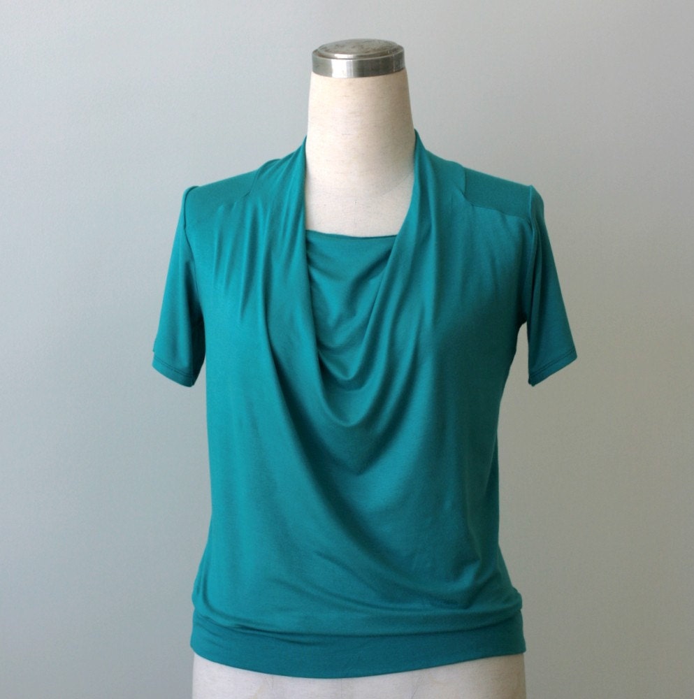Plus size top. Women top with cowl neck and short sleeves. Turquoise top, US 14-16, SALE 20% Off