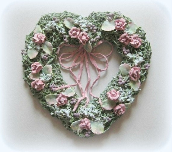 Shabby Chic Wreath, Flower Wreath, Heart Wreath, Floral Wreath, Cottage Chic Decor, Romantic Home, Clay Flower Sculpture Pink Roses Handmade