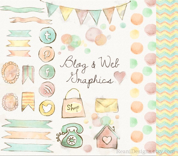 Watercolor Blog and Web Graphics Clipart - Social Media Icons Twitter, Pinterest, RSS, Facebook, Banner, Chevron, Polka Seamless Background