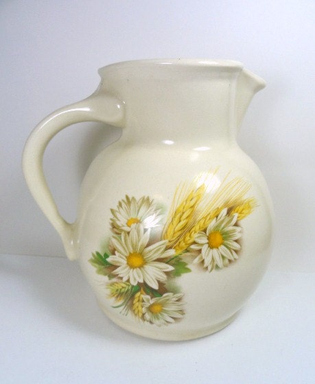 Vintage Pottery Pitcher Ivory with Daisies - MemoriesofYesterday