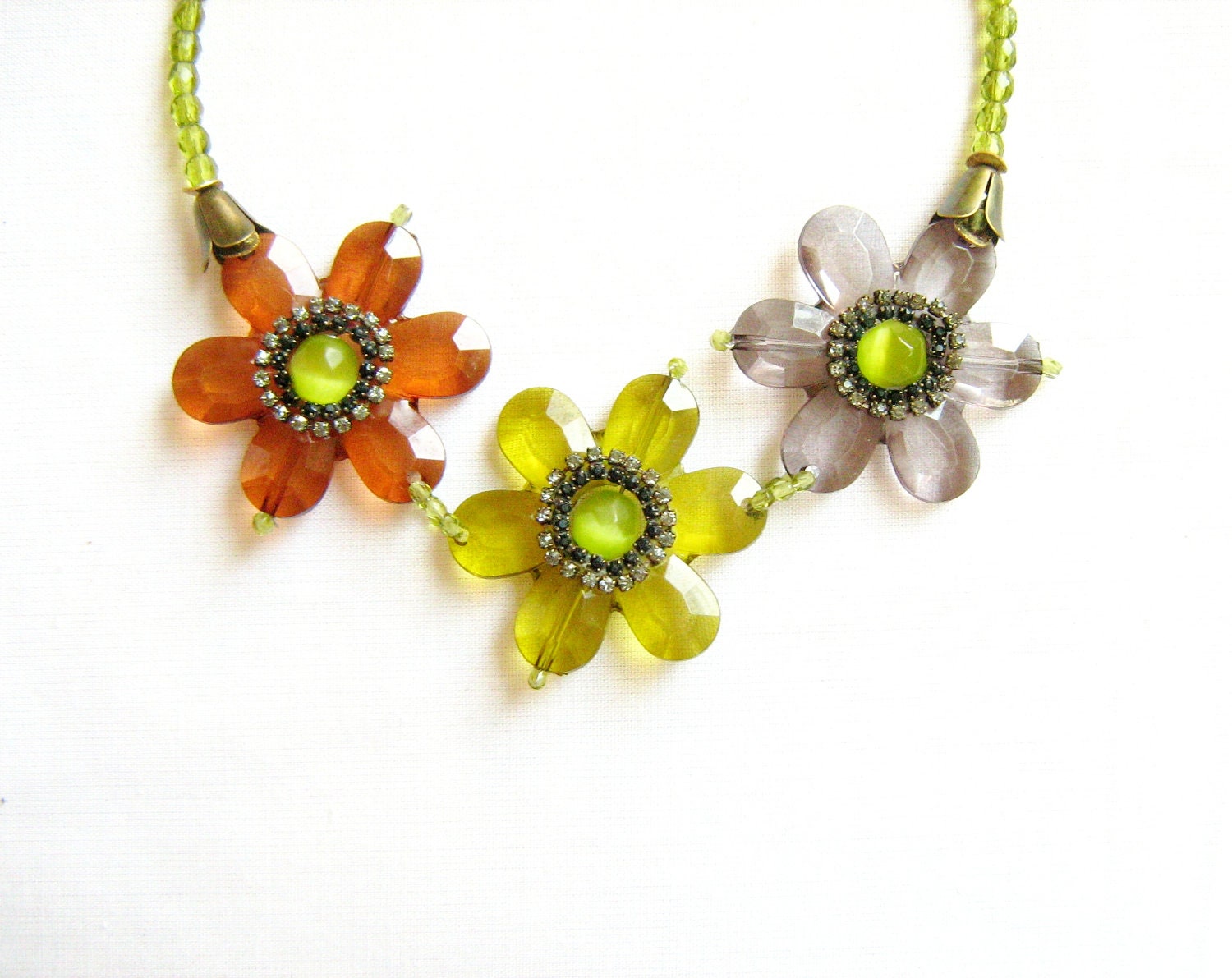 SUMMER SALE Flower Statement Necklace, Green, Amber Brown, Grey - Handmade Beaded Necklace