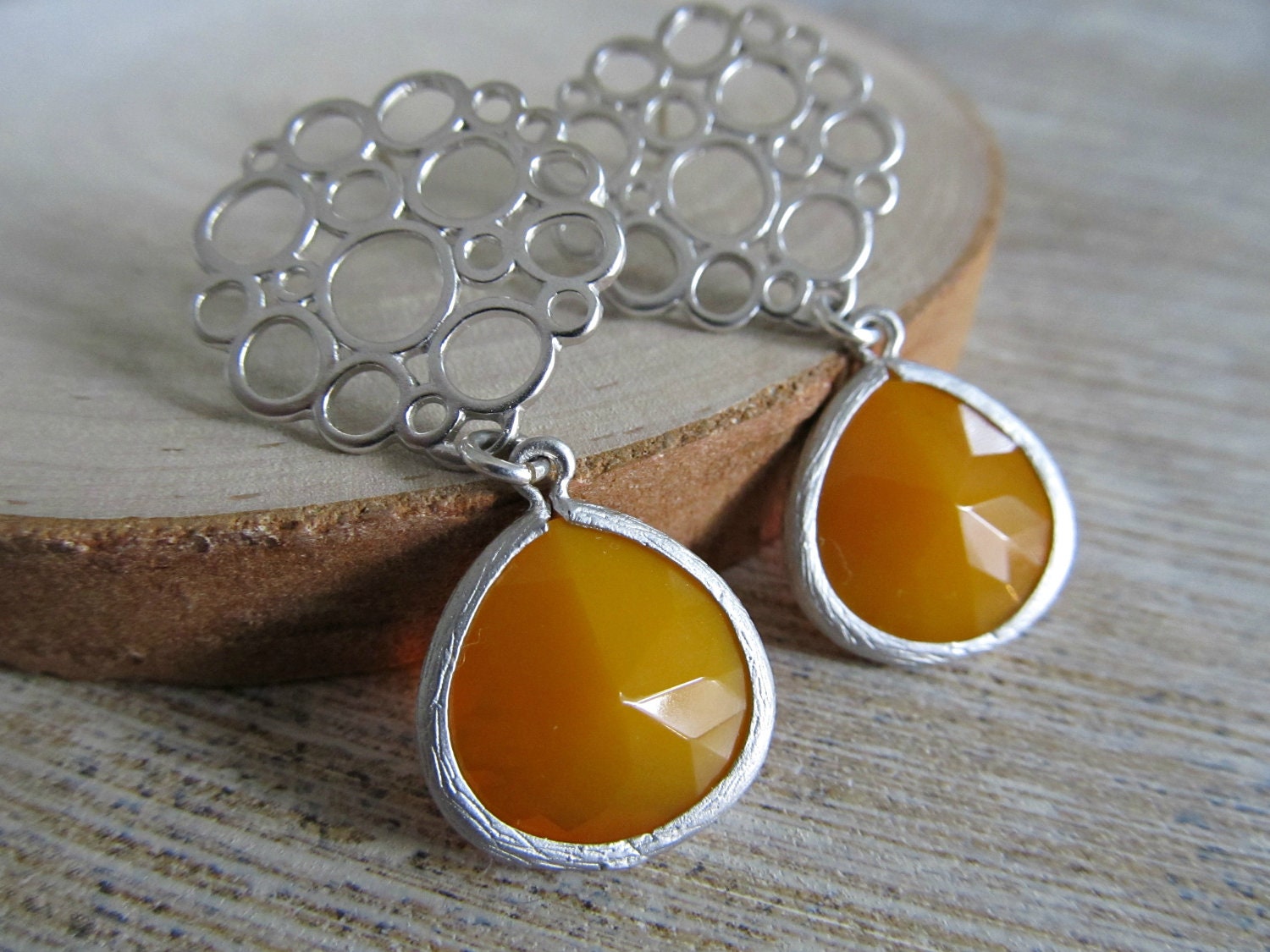 Mustard glass crystal earrings - bubble earrings, silver framed crystal earrings