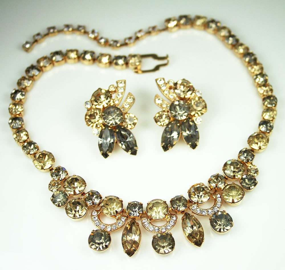 Vintage Necklace Earrings Eisenberg Ice Citrine Smoke Rhinestone Jewelry