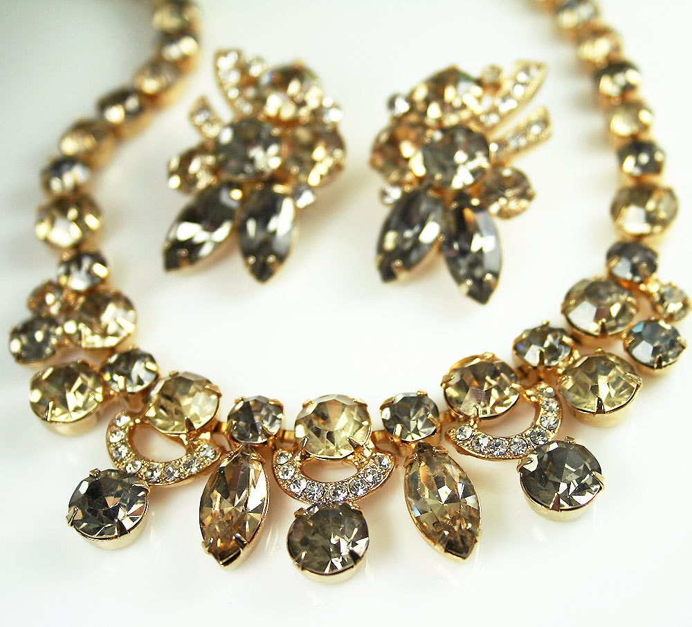 Vintage Necklace Earrings Eisenberg Ice Citrine Smoke Rhinestone Jewelry