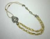 Yellow Citrine and White Fresh Water Pearl Double Stranded Necklace with sterling textured leaf toggle clasp and hope charm