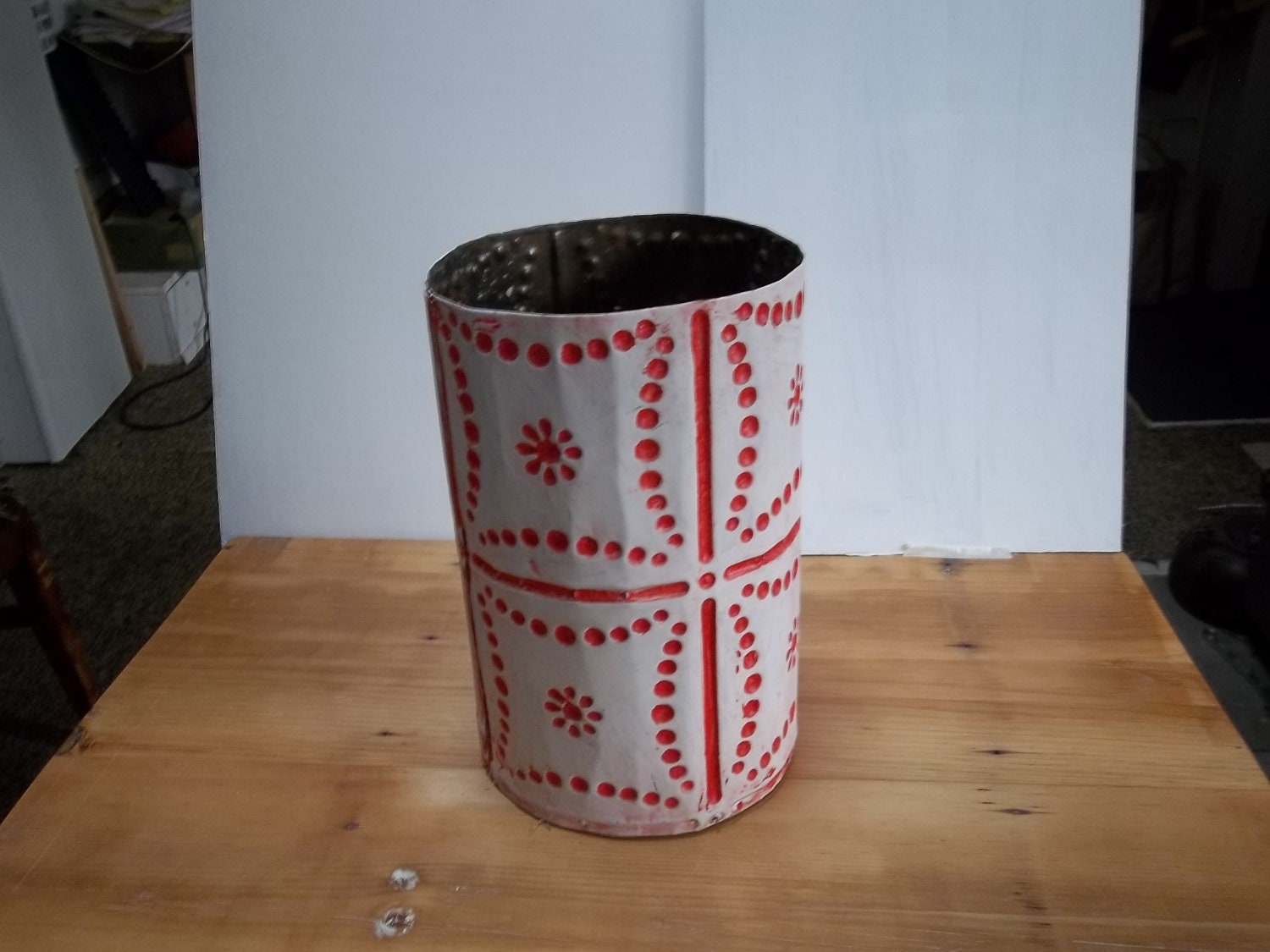 Hand Shaped RED DOTS (anyone) Old Tin Wastepaper Basket