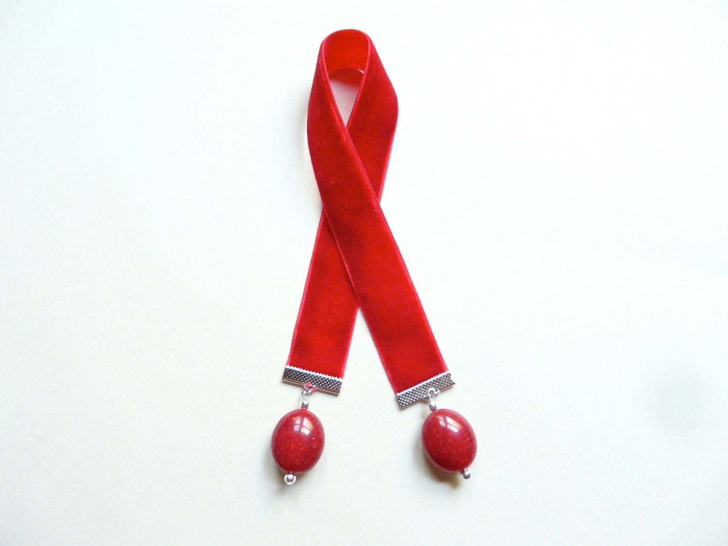 Red Velvet Ribbon Bookmark With Beads (F6)