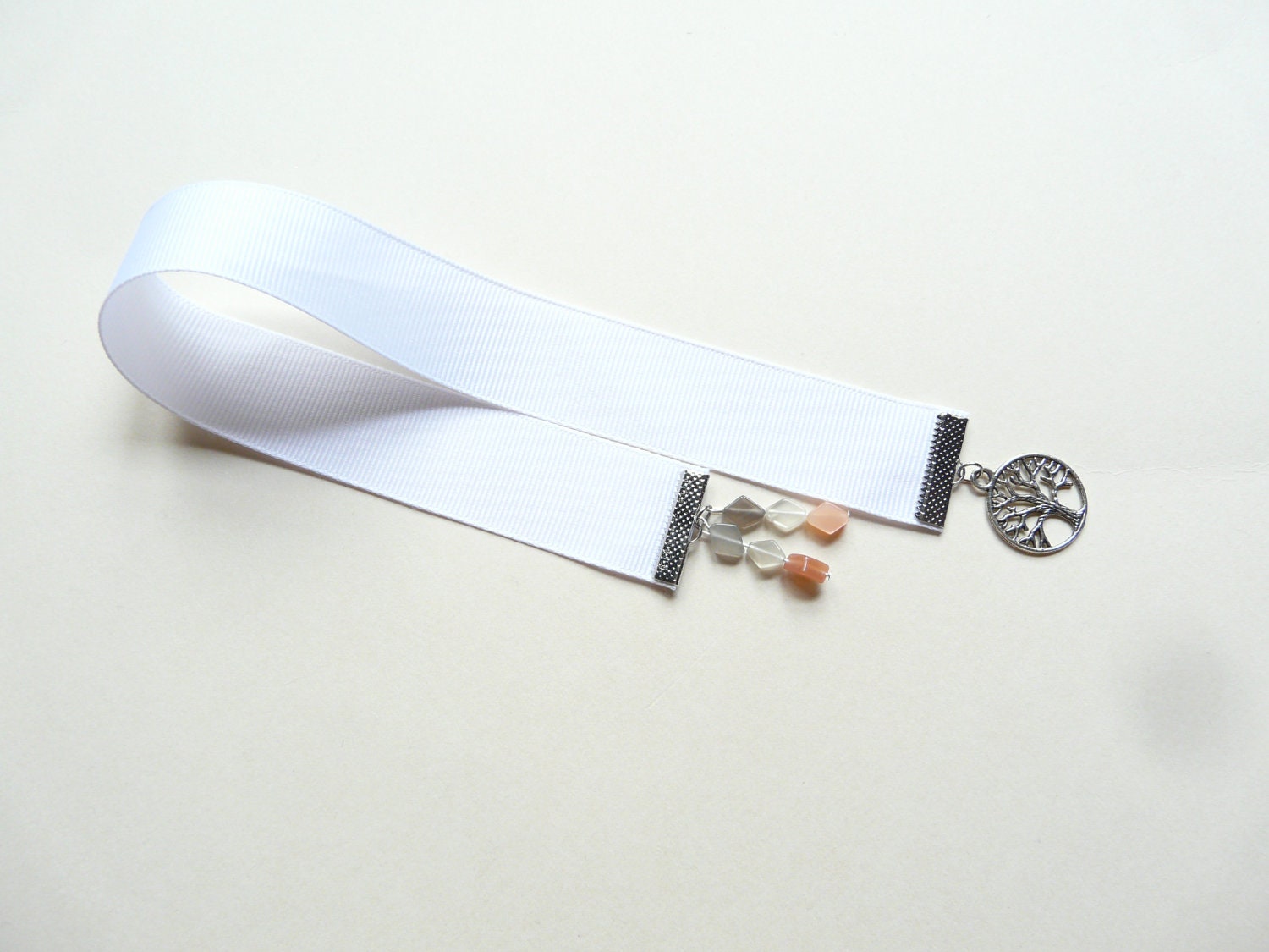Tree of Life - White Ribbon Bookmark With Moonstone Beads (F1)