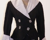 1940s Suit, 40s Striped B&W Silk Peplum Blazer Skirt Suit, Black and White Vintage New Look Suit Film Noir XS Skirt Suit