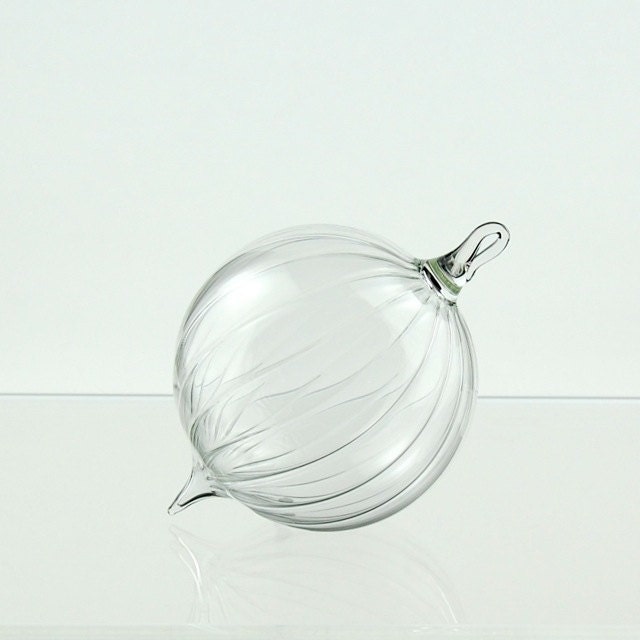 Hand Blown Glass Ornament, Scalloped Clear Glass