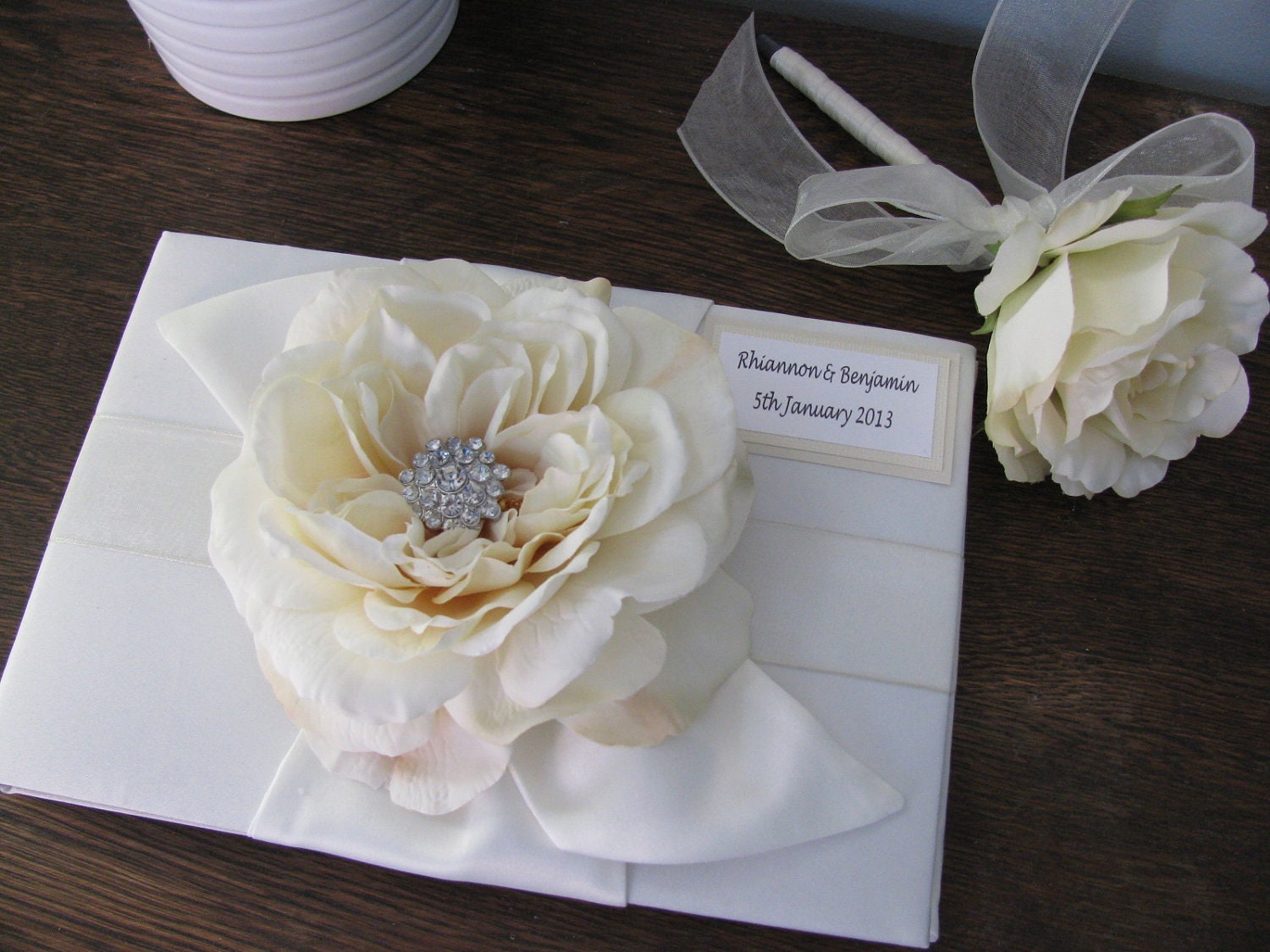 Wedding Guest Book and Guest Book Pen SET You Customize Shown Ivory Rhinestone Personalized Tag