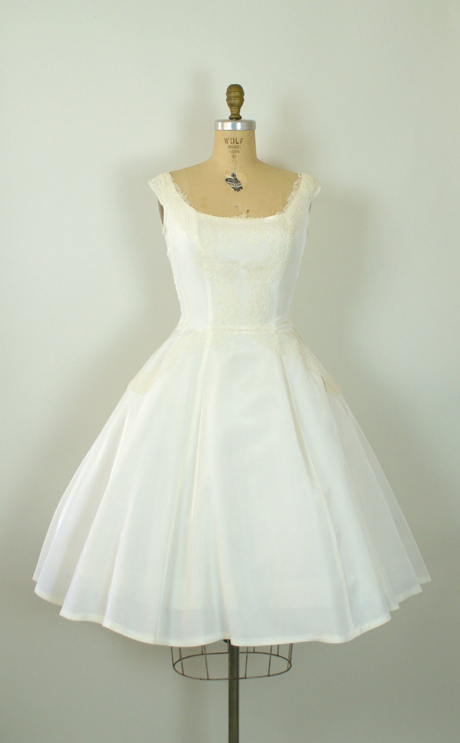Vintage 1950s Wedding Dress -- Ivory Taffeta and Lace Tea Length  Wedding Gown -- Forever After