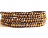 Leather Bracelet for Men Triple Wrap with Brass Nuggets on Natural Gray
