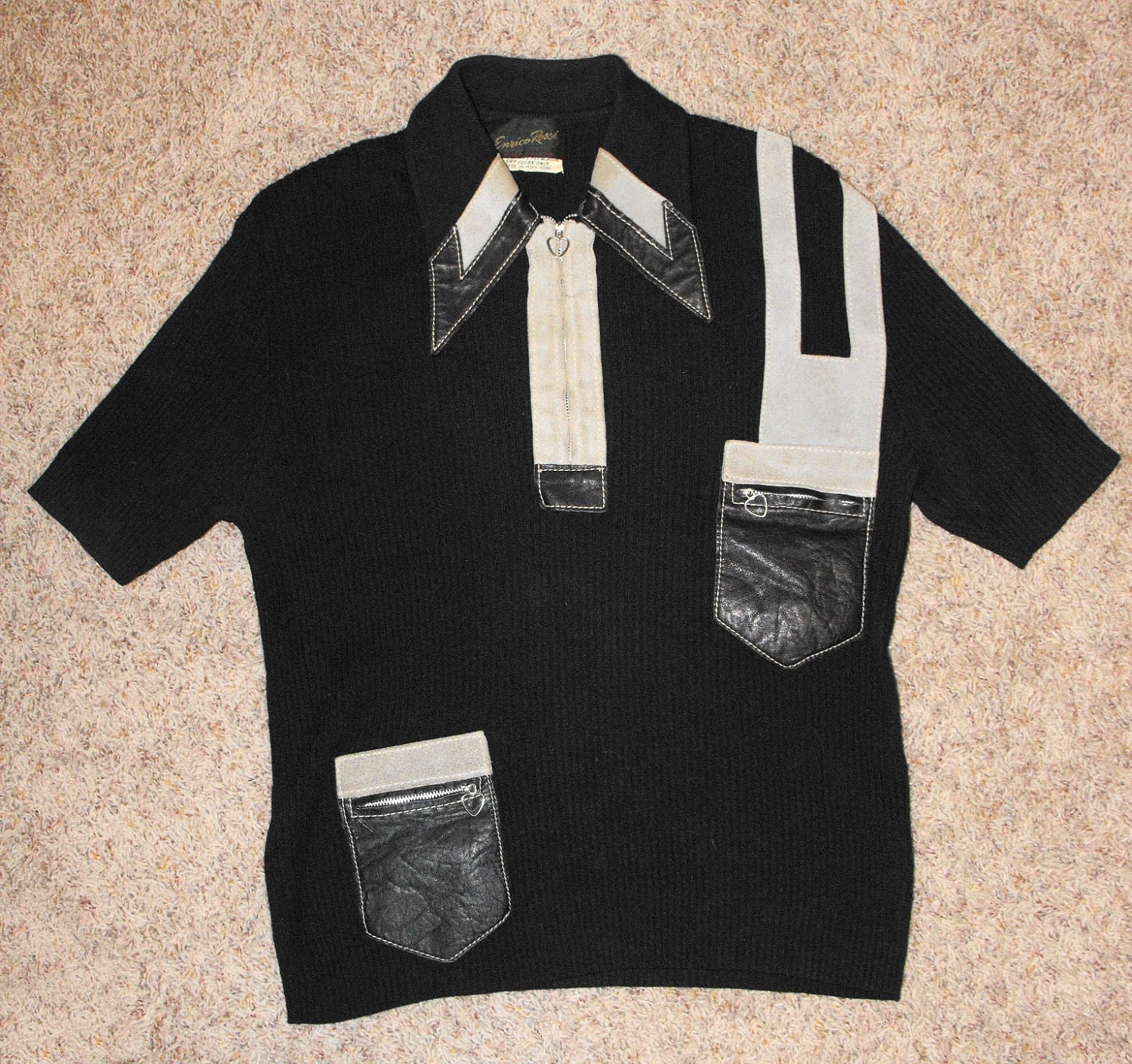 Vintage 70s Mens Sweater Black Ribbed Short Sleeve S M