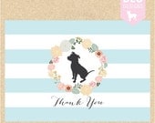 Pit bull thank you cards - Set of 12 floral wreath cards in aqua, citrine, and melon - Customizeable with any dog silhouette