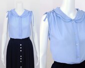 Tiered Peter Pan Collar Light Blue Button Up Blouse / Ruched Sleeve / S / M